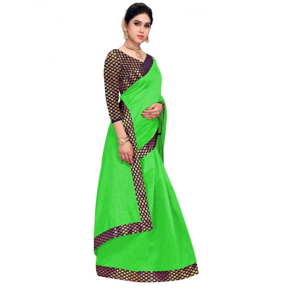 Women Chanderi Cotton Lace Border Saree With Blouse (Green, 5-6 Mtrs)
