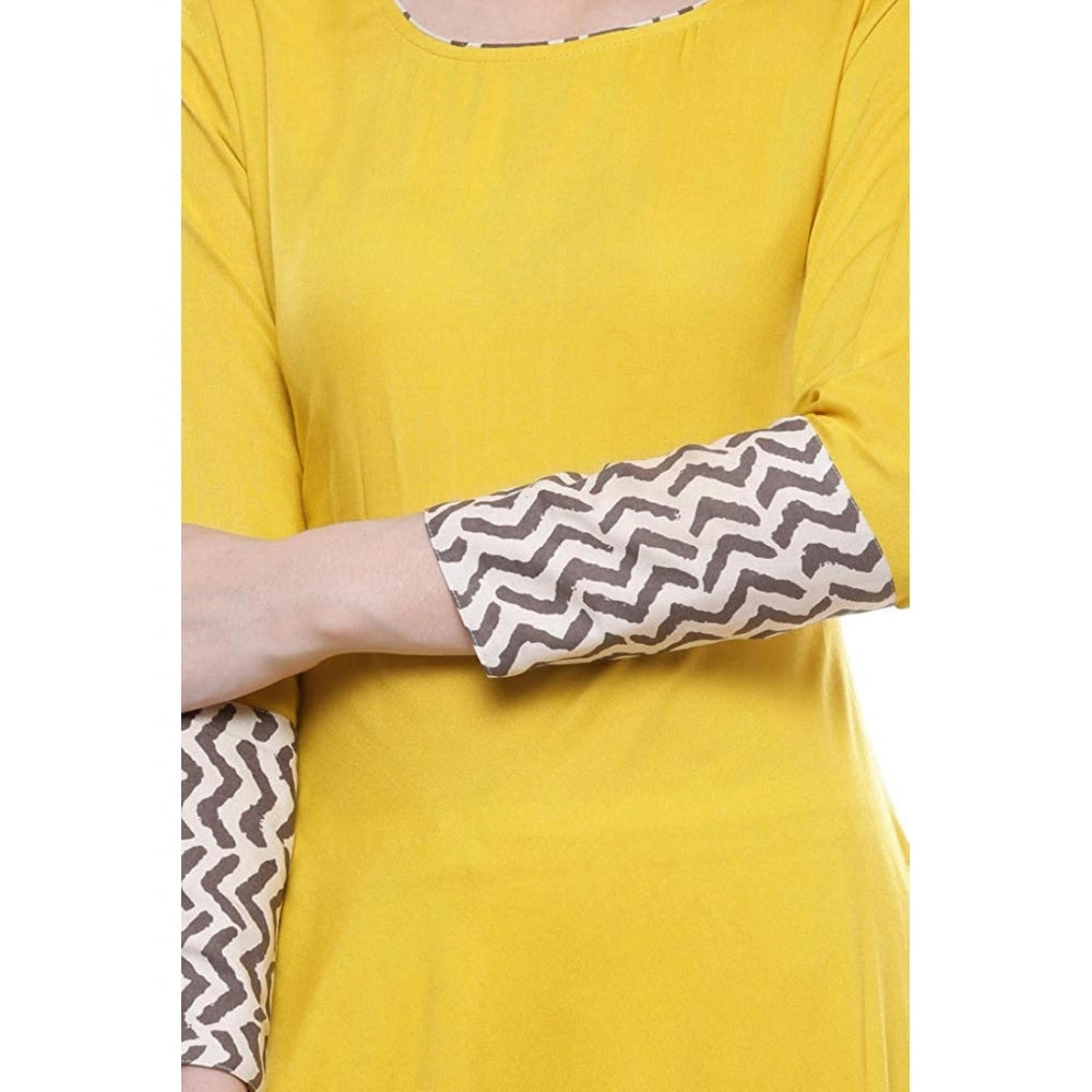 Women Rayon Printed Solid Anarkali Kurti (Yellow, Rayon)