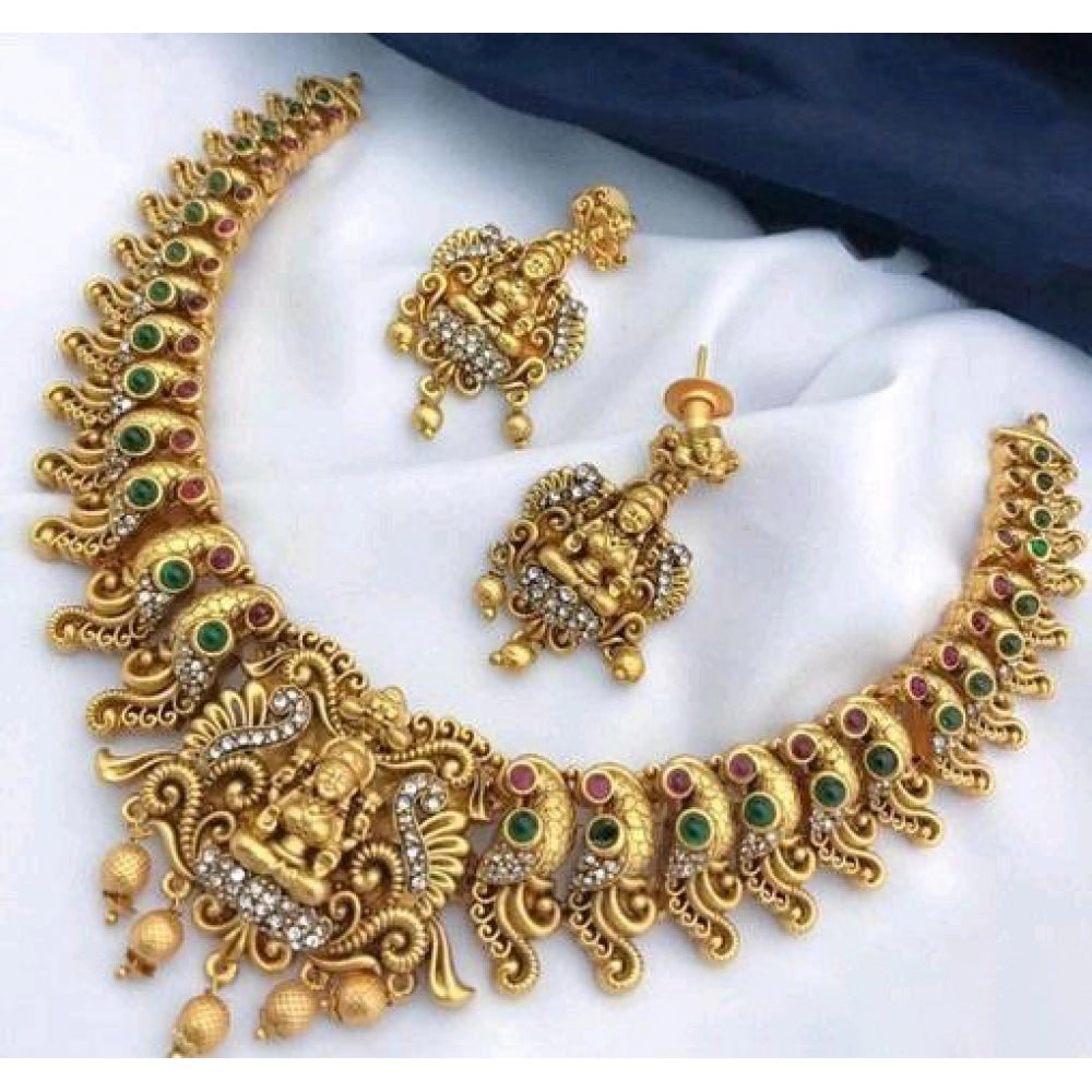 Women Gold Plated Traditional Necklace and Earrings Set (Multi Color, Free Size)
