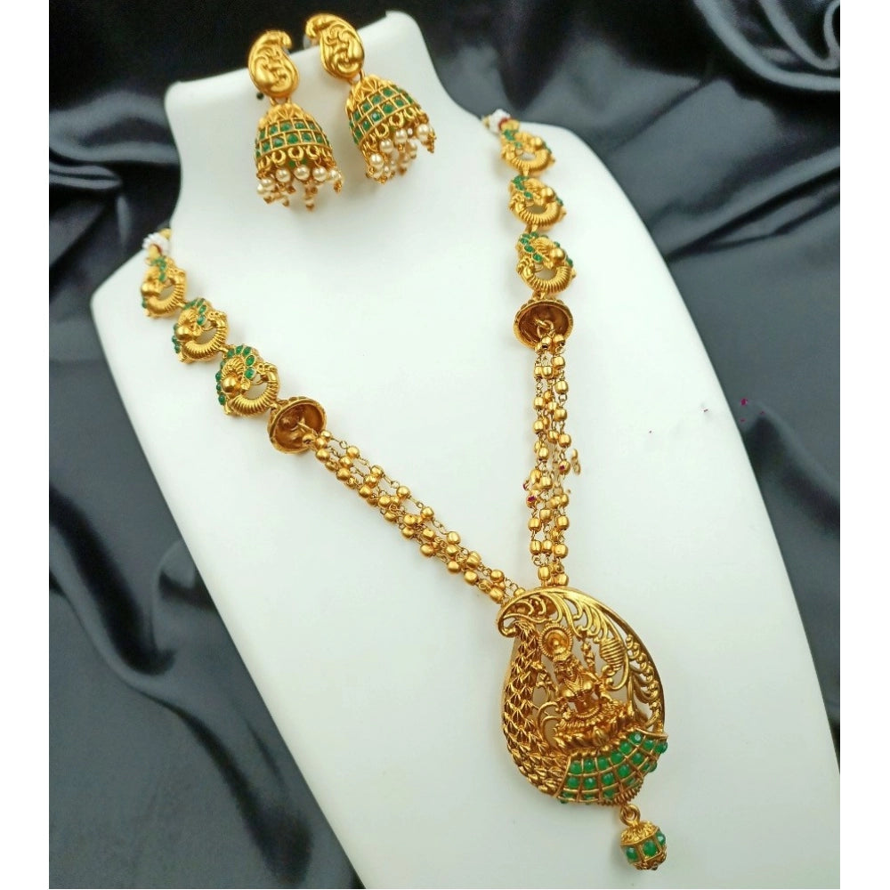 Women Traditional Temple Necklace and Earrings Set in Gold (Green, Free Size)