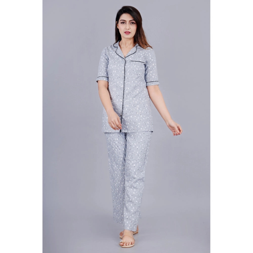 Women Casual Half Sleeve Printed Viscose Rayon Shirt With Pyjama Pant Night Suit Set (Grey)