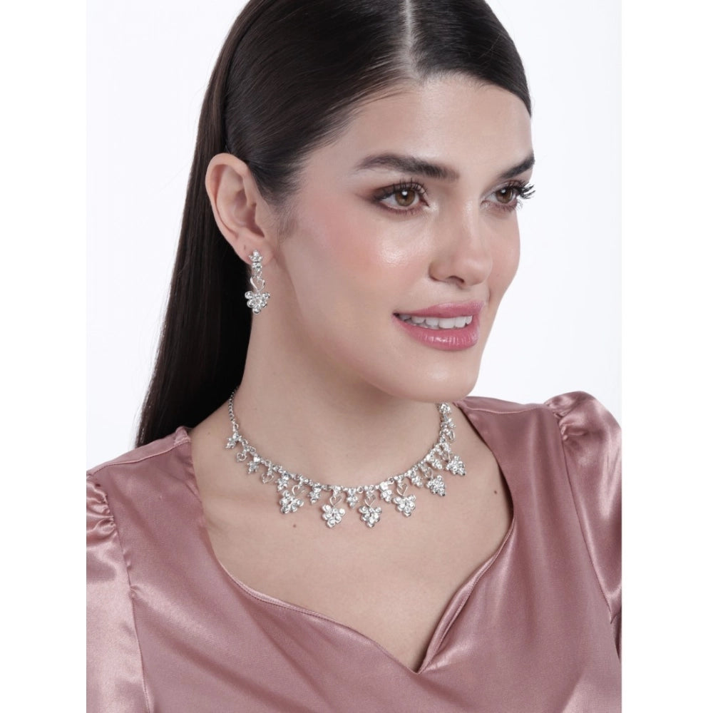 Women Rose Gold Plated Brass Necklace & Earings Set (Silver)