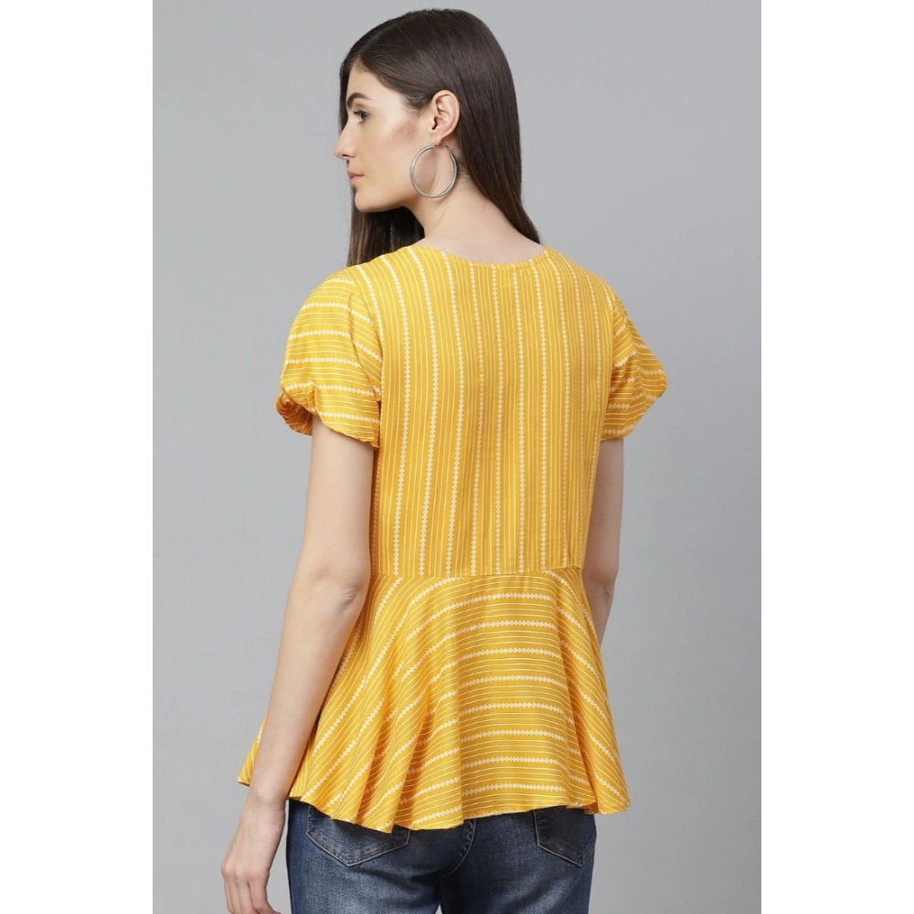 Women Casual Short Sleeves Stripe Printed Rayon Top (Mustard)