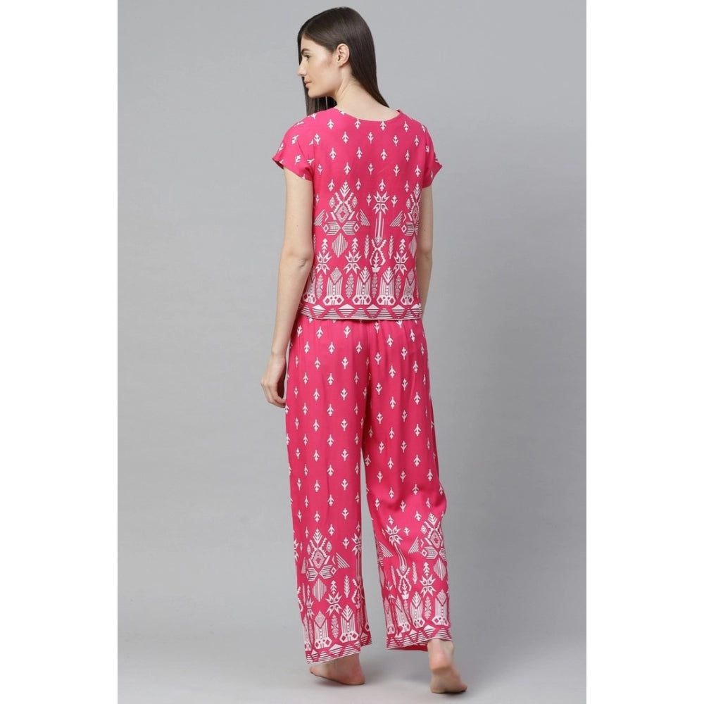 Women Casual Short Sleeve Printed Rayon Pajama Set (Pink)