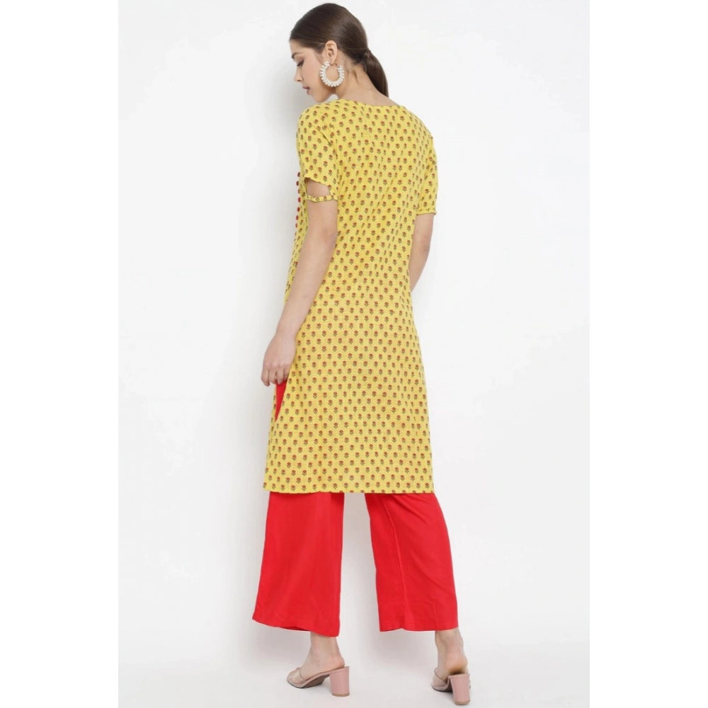 Women Casual Short Sleeves Floral Printed Cotton & Rayon Kurti Palazzo Set (Yellow & Red)