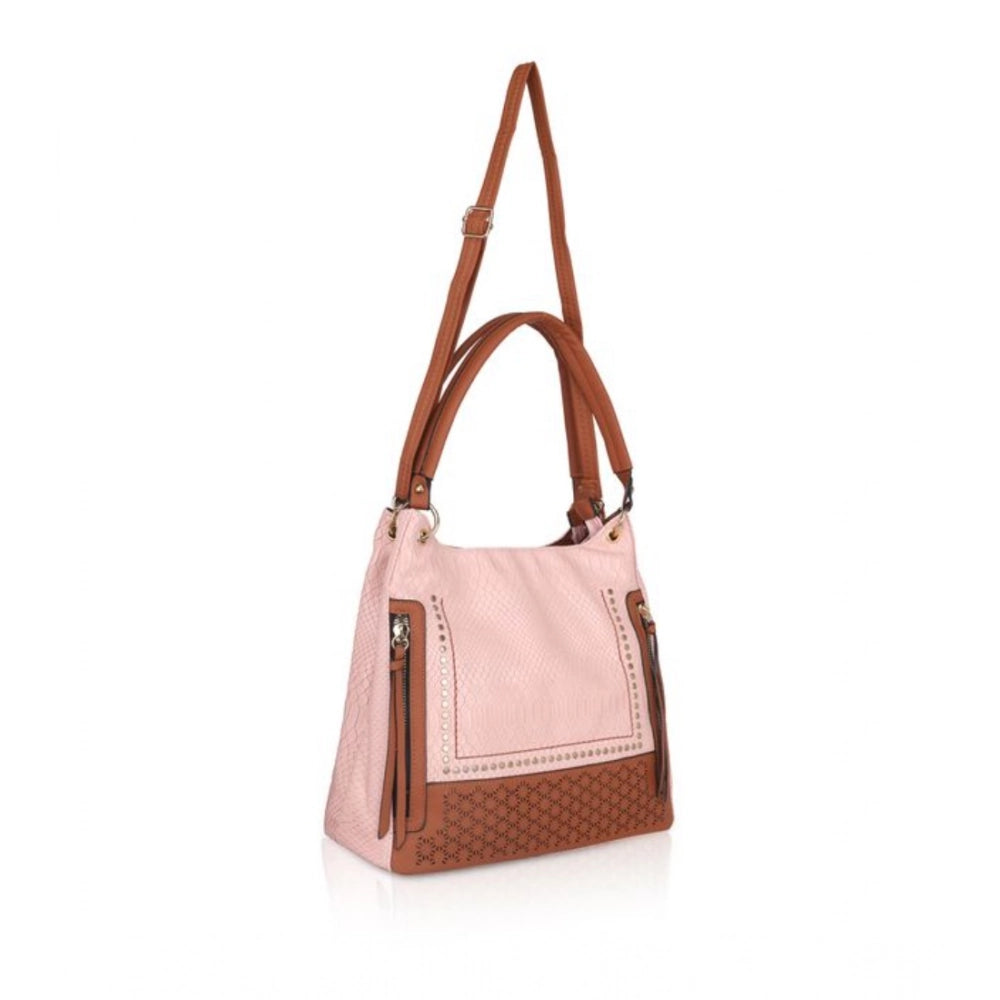 Women Faux Leather Printed Tote Bag (Pink)