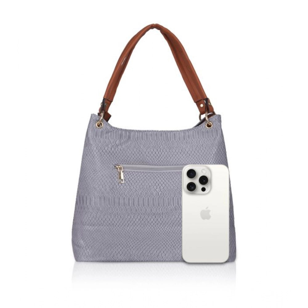 Women Faux Leather Textured Tote Bag (Blue)