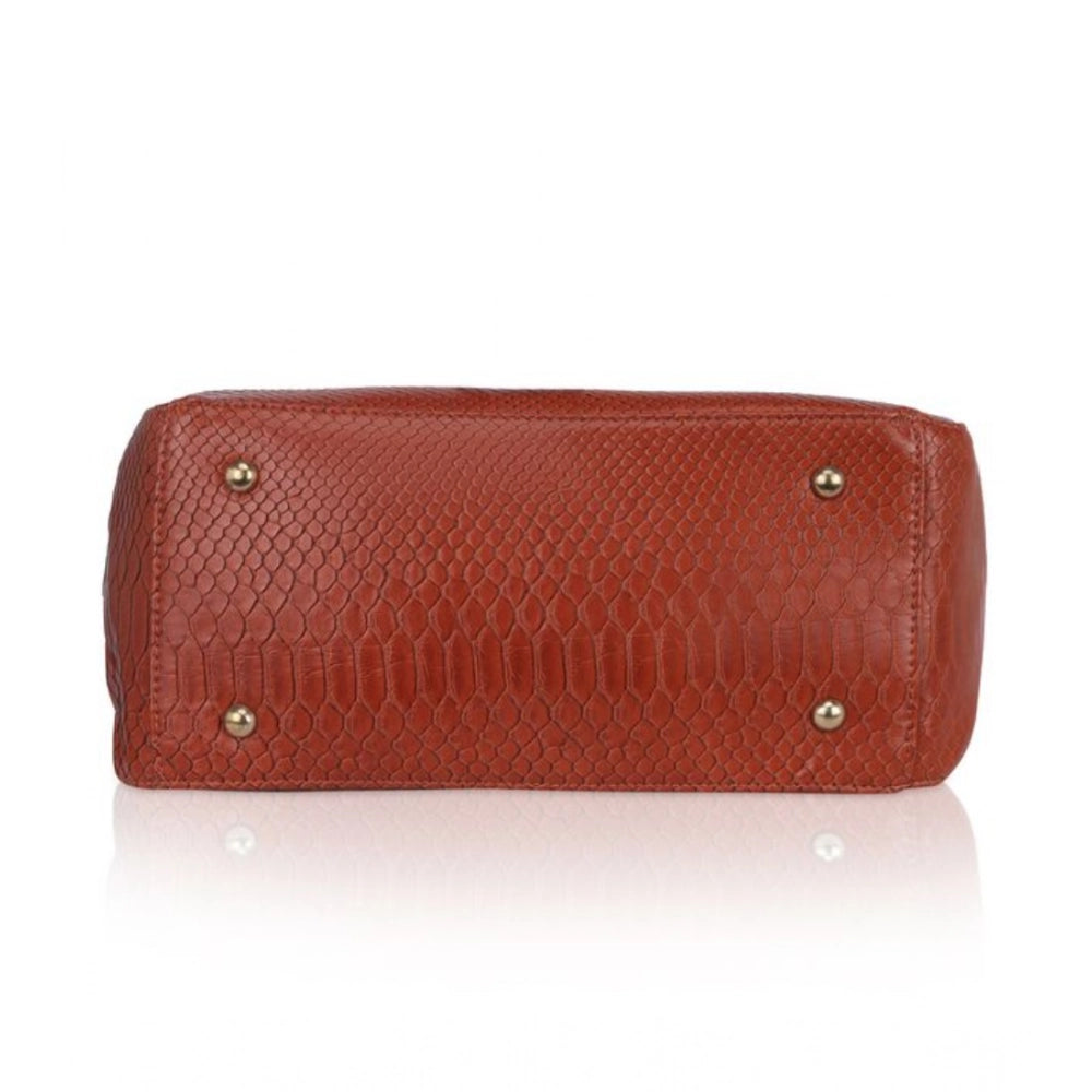 Women Faux Leather Textured Tote Bag (Brown)