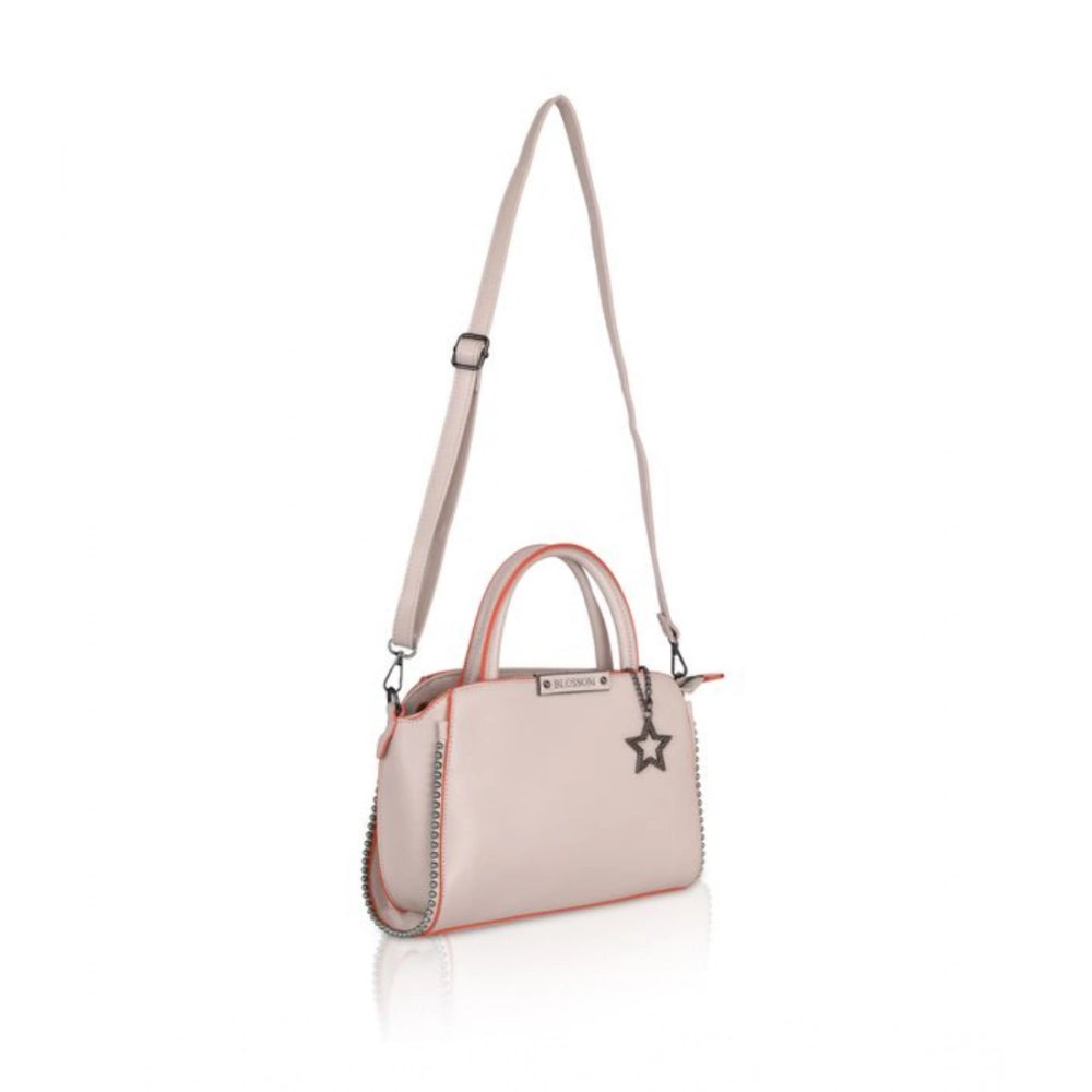 Women Faux Leather Metal Beads Handbag (Khaki)