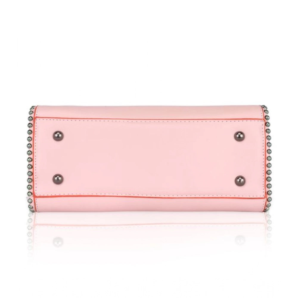 Women Faux Leather Metal Beads Handbag (Pink)