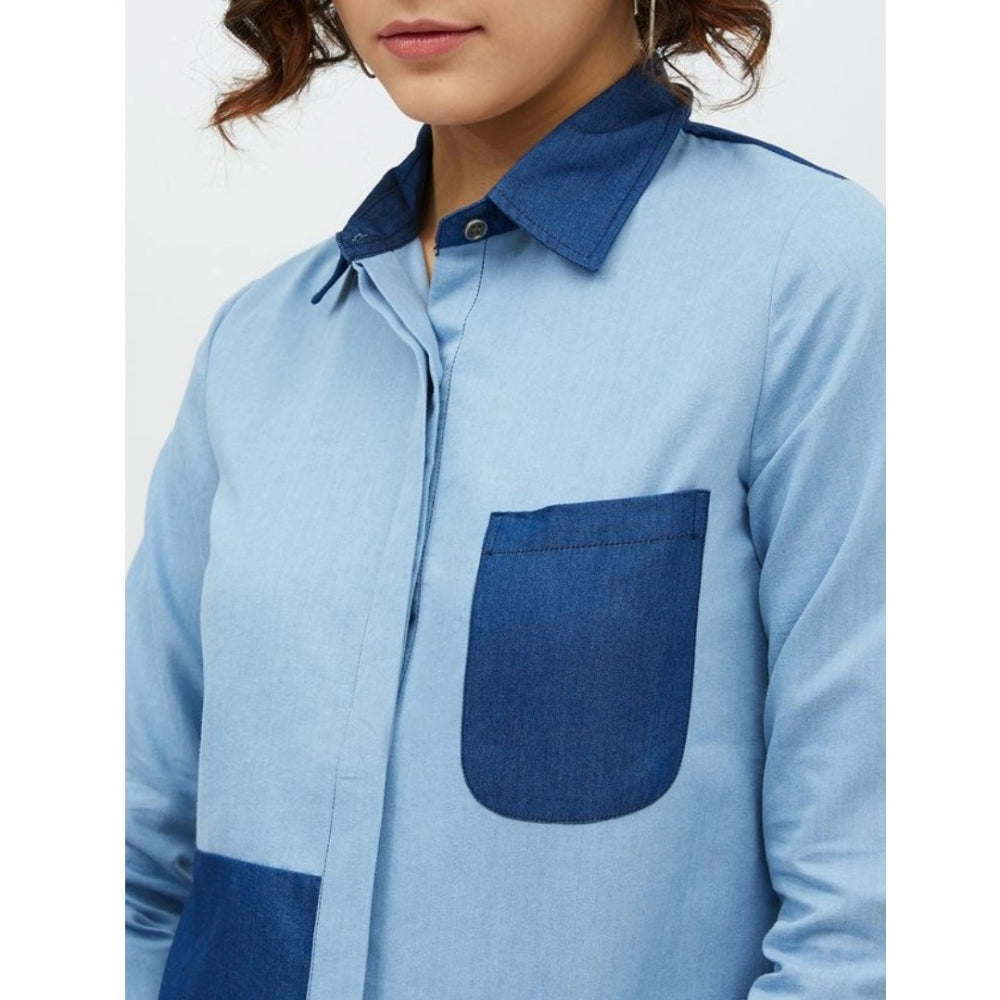 Women Denim Patch Work Long Sleeves Standard Length Shirt (Blue)