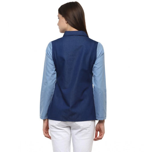 Women Denim Patch Work Long Sleeves Regular Top (Blue)