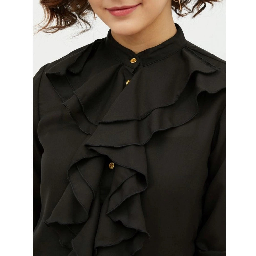 Women Polyester Ruffled Long Sleeves Standard Length Shirt (Black)