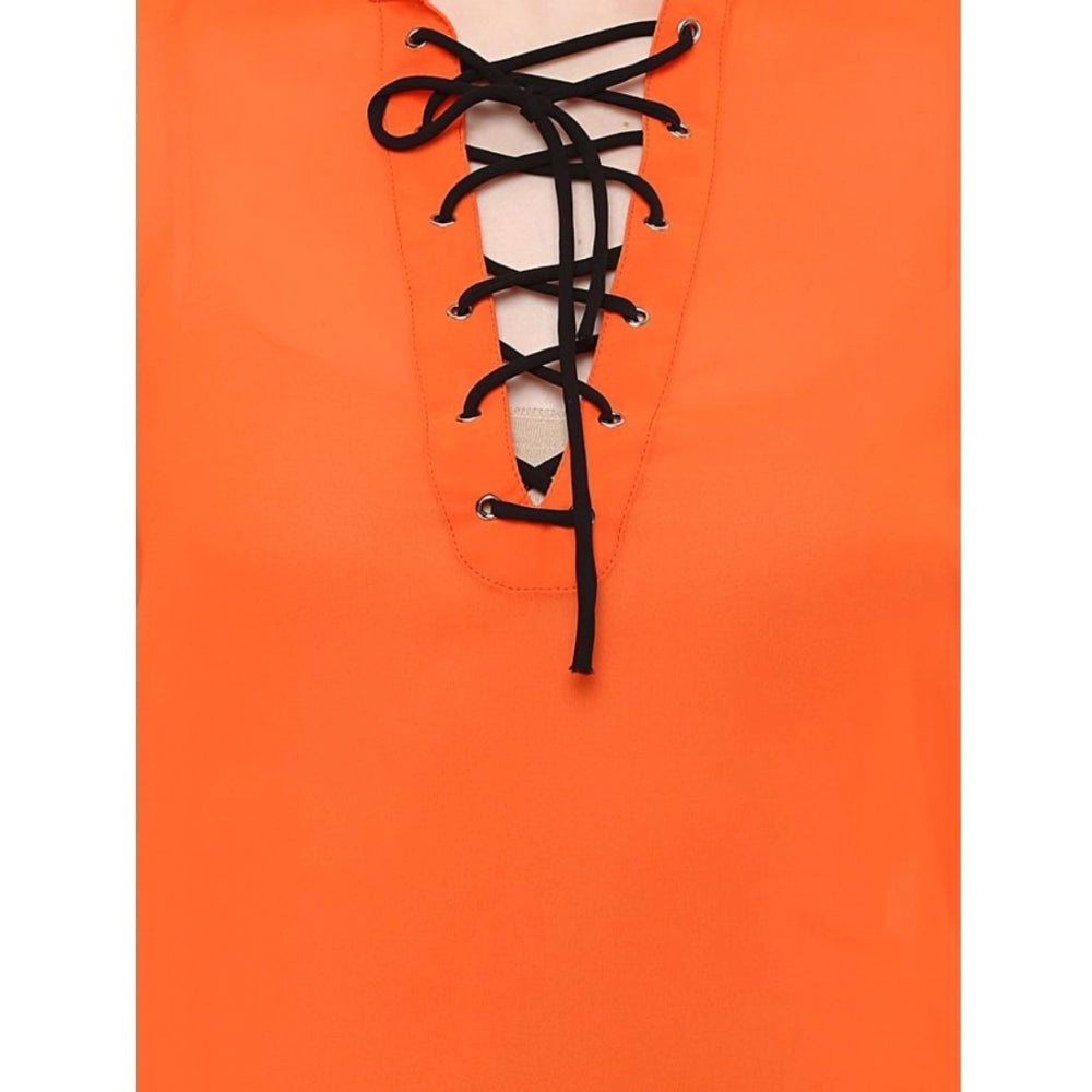 Women Polyester Solid Long Sleeves Regular Top (Orange)