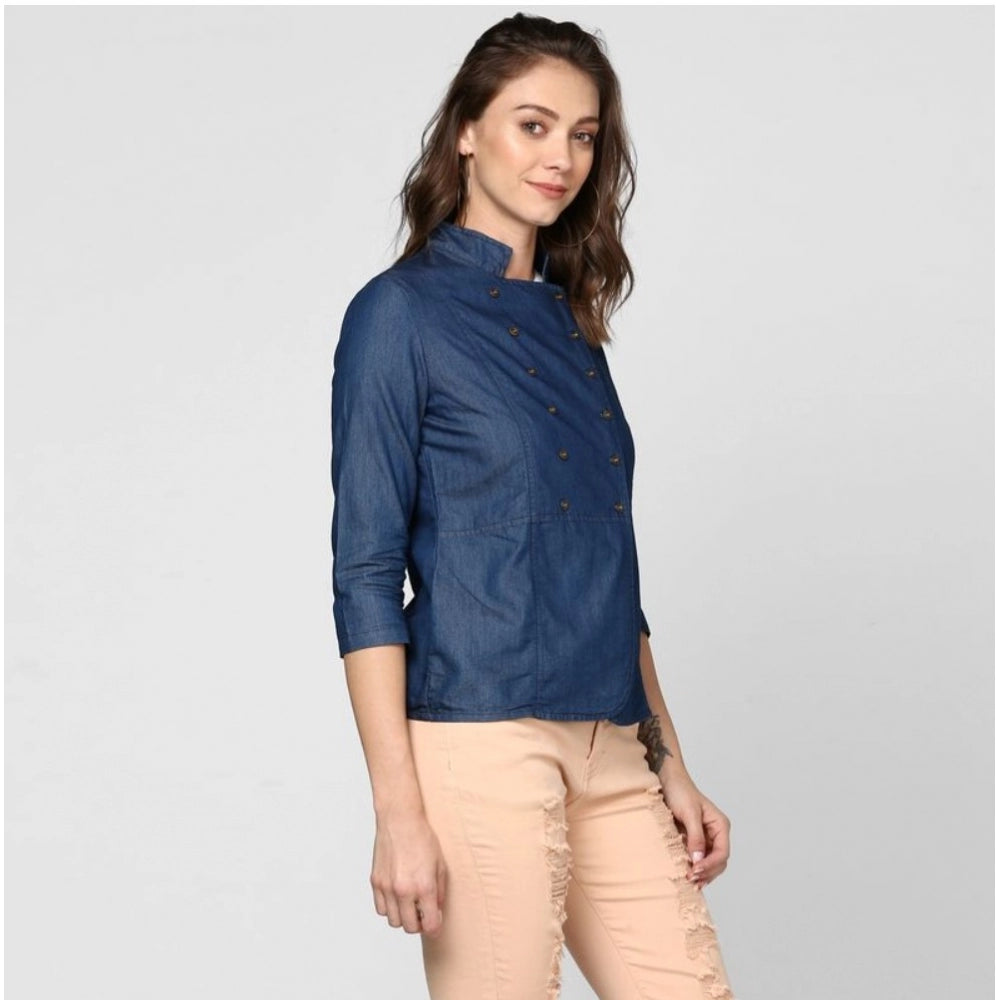 Women Denim Solid 3-4th Sleeves Top (Blue)