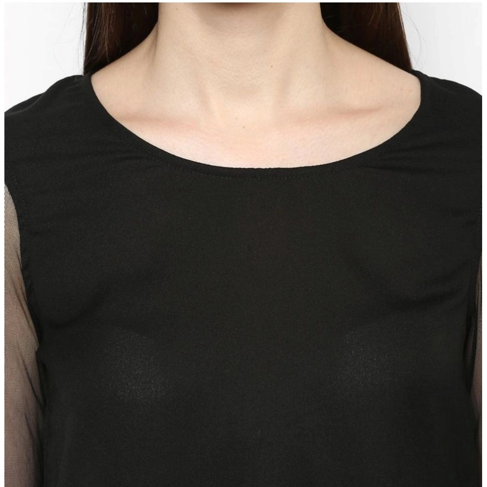 Women Polyester Solid Tier Sleeve Top (Black)