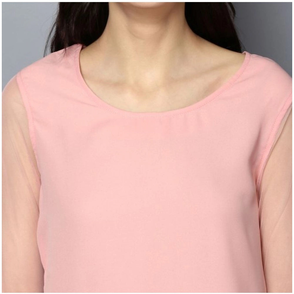Women Polyester Solid Tier Sleeve Top (Pink)