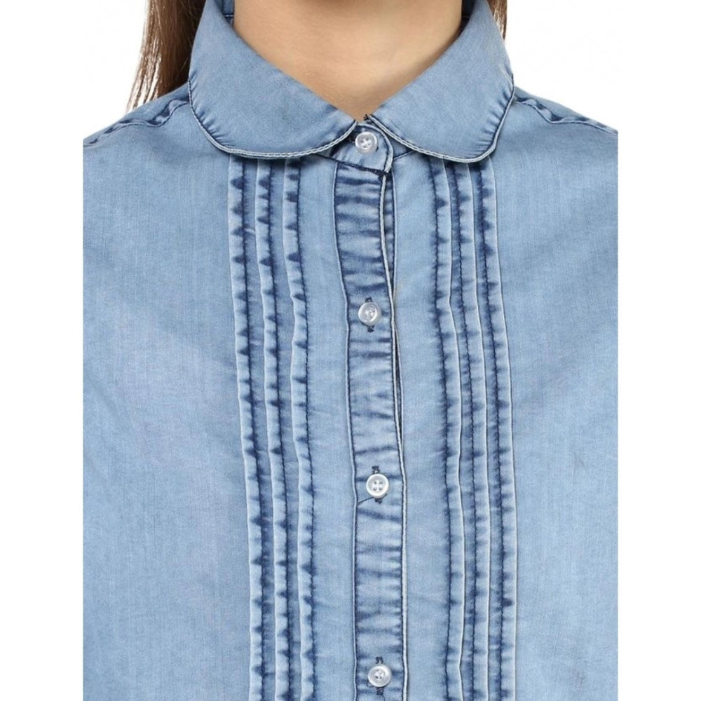 Women Denim Solid 3-4th Sleeves Standard Length Shirt (Blue)