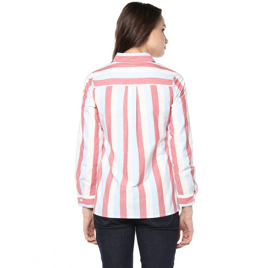Women Cotton Striped Roll Up Sleeve Regular Top (Red)