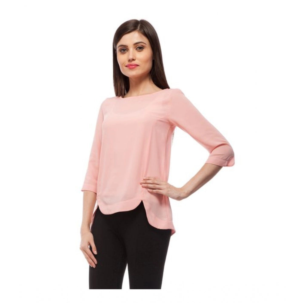 Women Polyester Solid 3-4th Sleeves Regular Top (Peach)