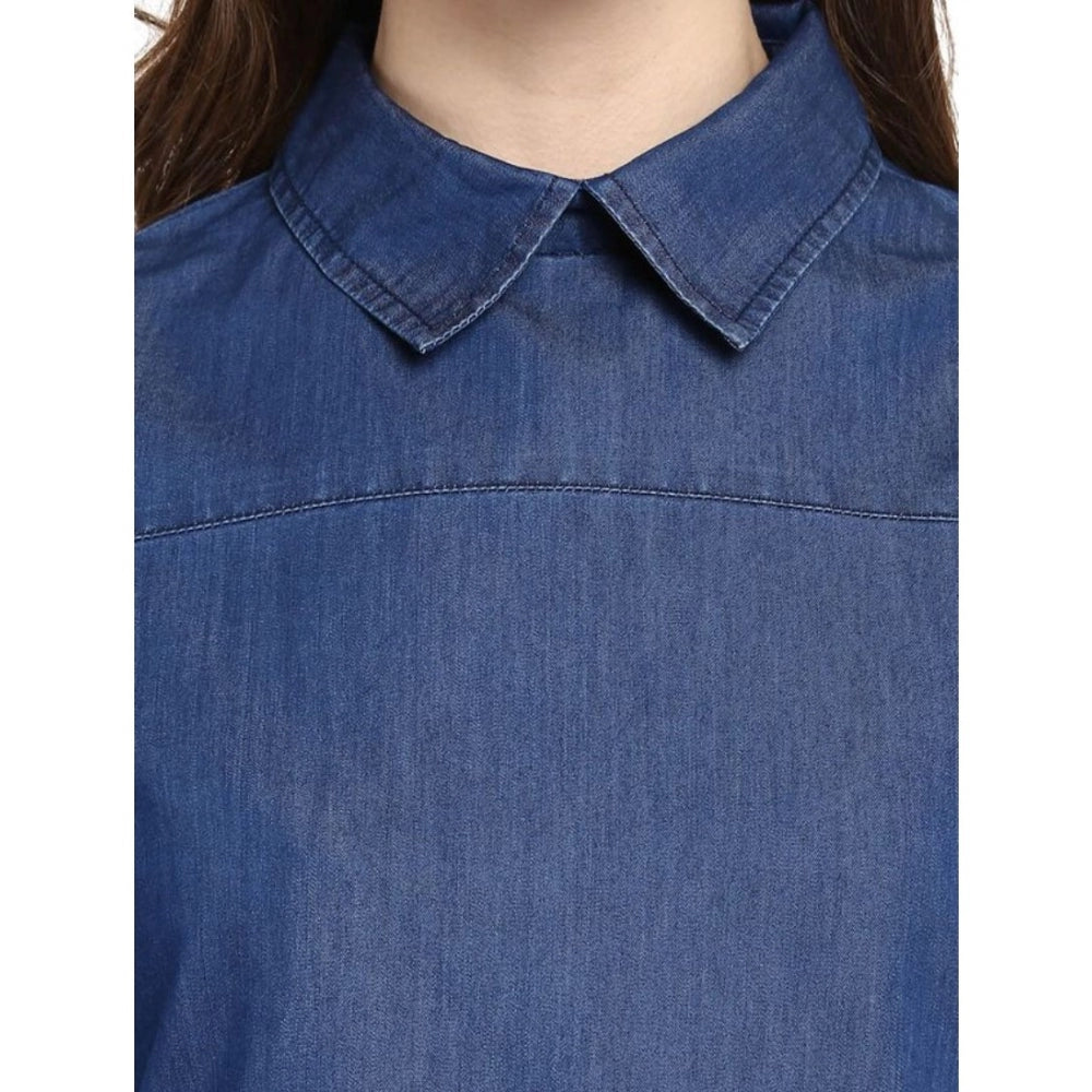 Women Denim Solid Cold Shoulder Regular Top (Blue)