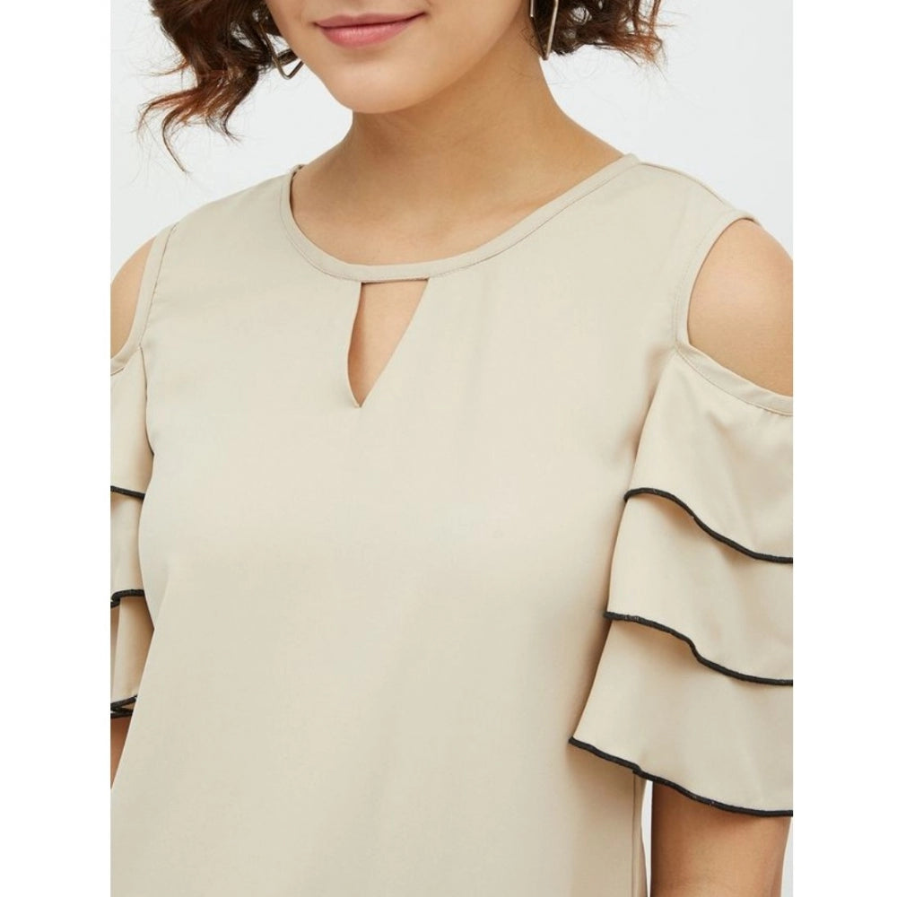 Women Polyester Tiered Cold Shoulder Top (Beige)