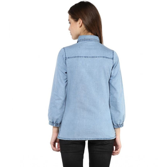 Women Denim Solid 3-4th Sleeves Standard Length Shirt (Blue)