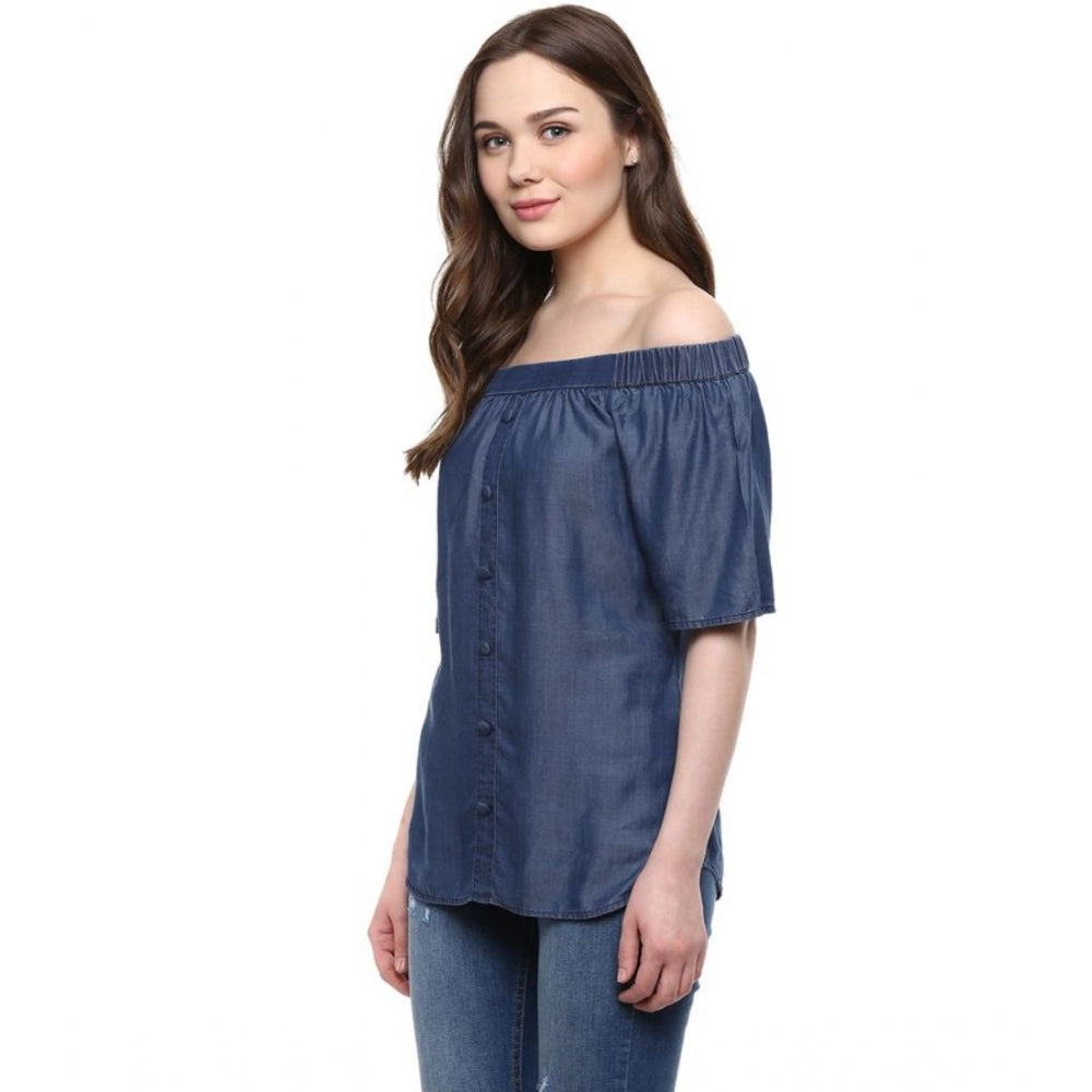 Women Denim Solid Short Sleeve Regular Top (Blue)