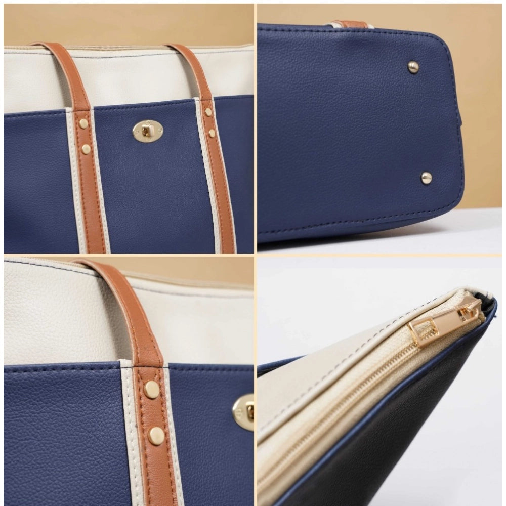 Women Faux Leather Large Shoulder Zipper Handbag (Dark Blue)