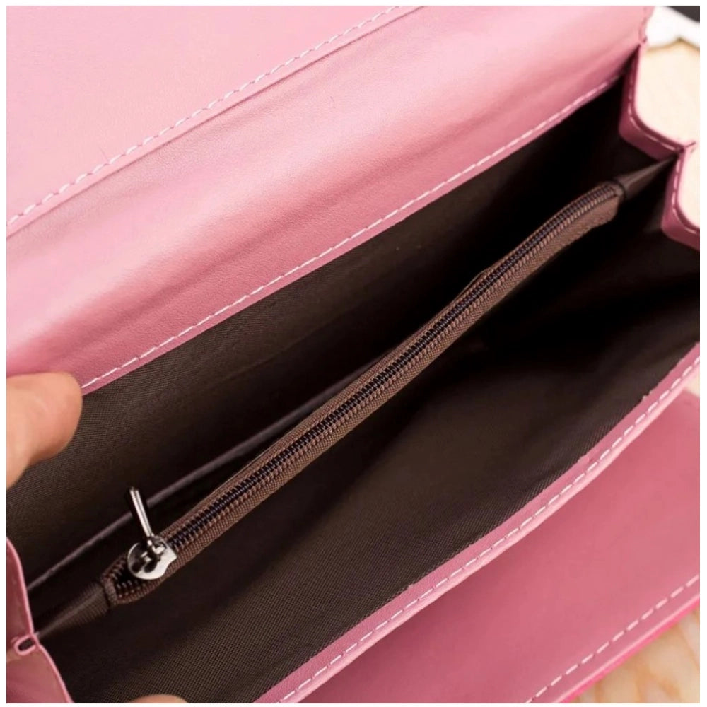 Women Faux Leather Medium Snap Button Wallet (Pink)