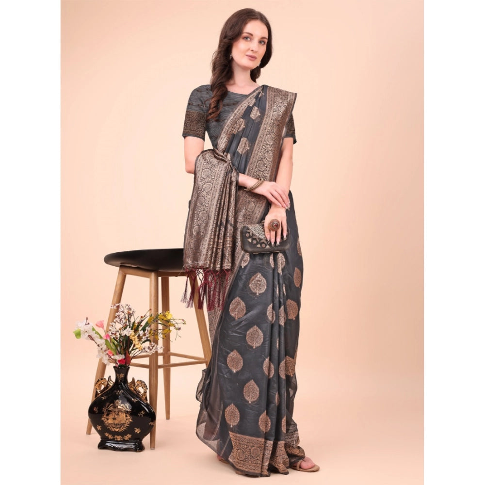 Women Cotton Printed Saree With Unstitched Blouse 5.5Mtr (Black)