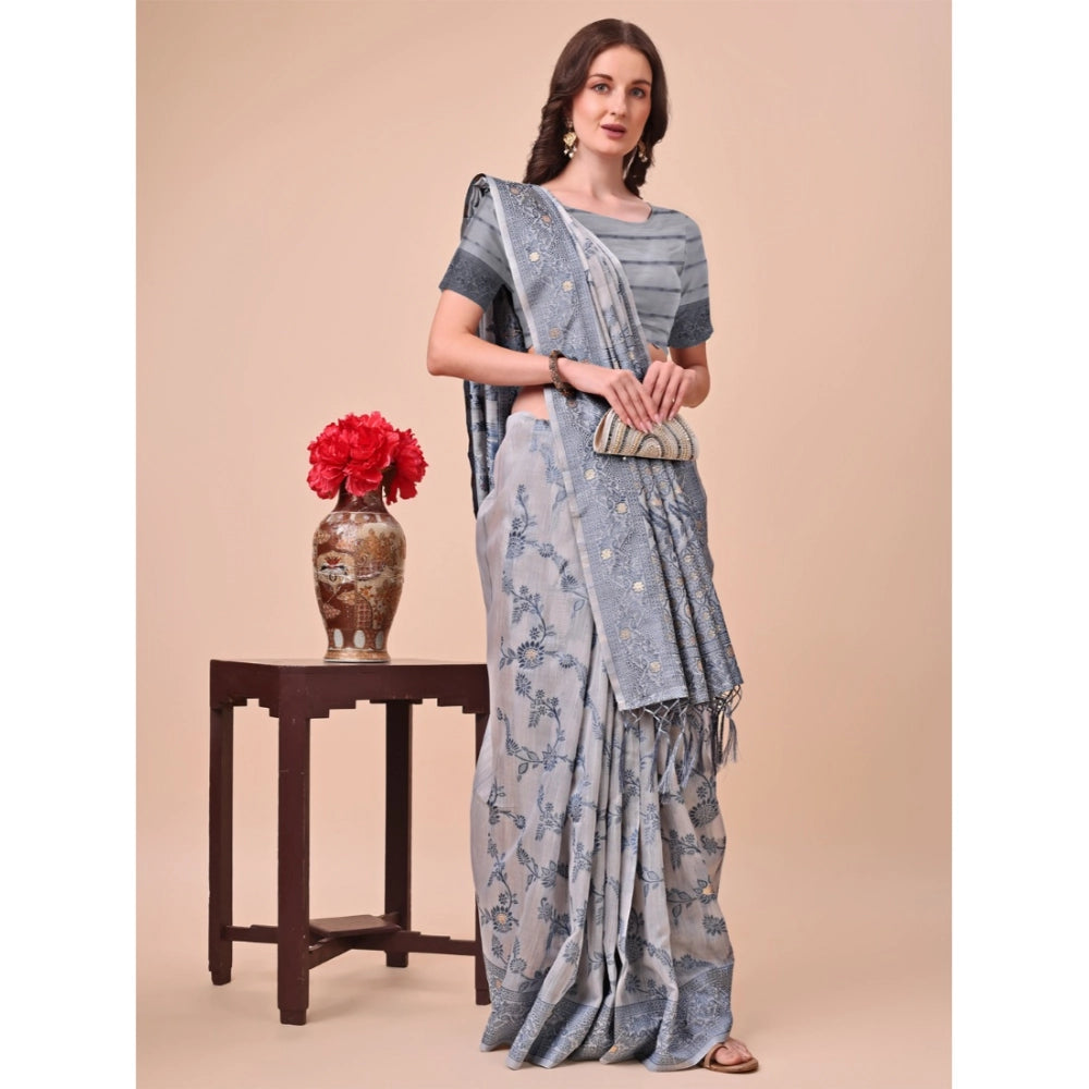 Women Cotton Printed Saree With Unstitched Blouse 5.5Mtr (Grey)