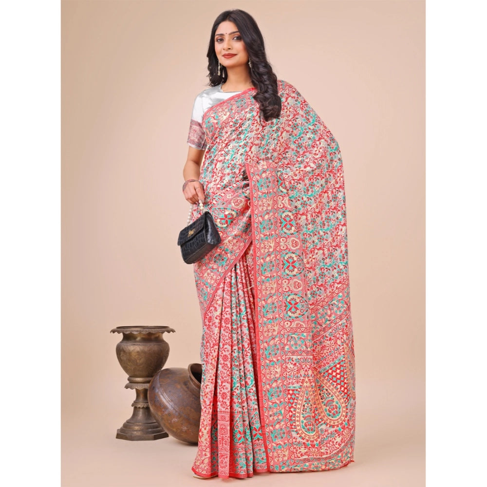 Women Cotton Printed Saree With Unstitched Blouse 5.5Mtr (White)