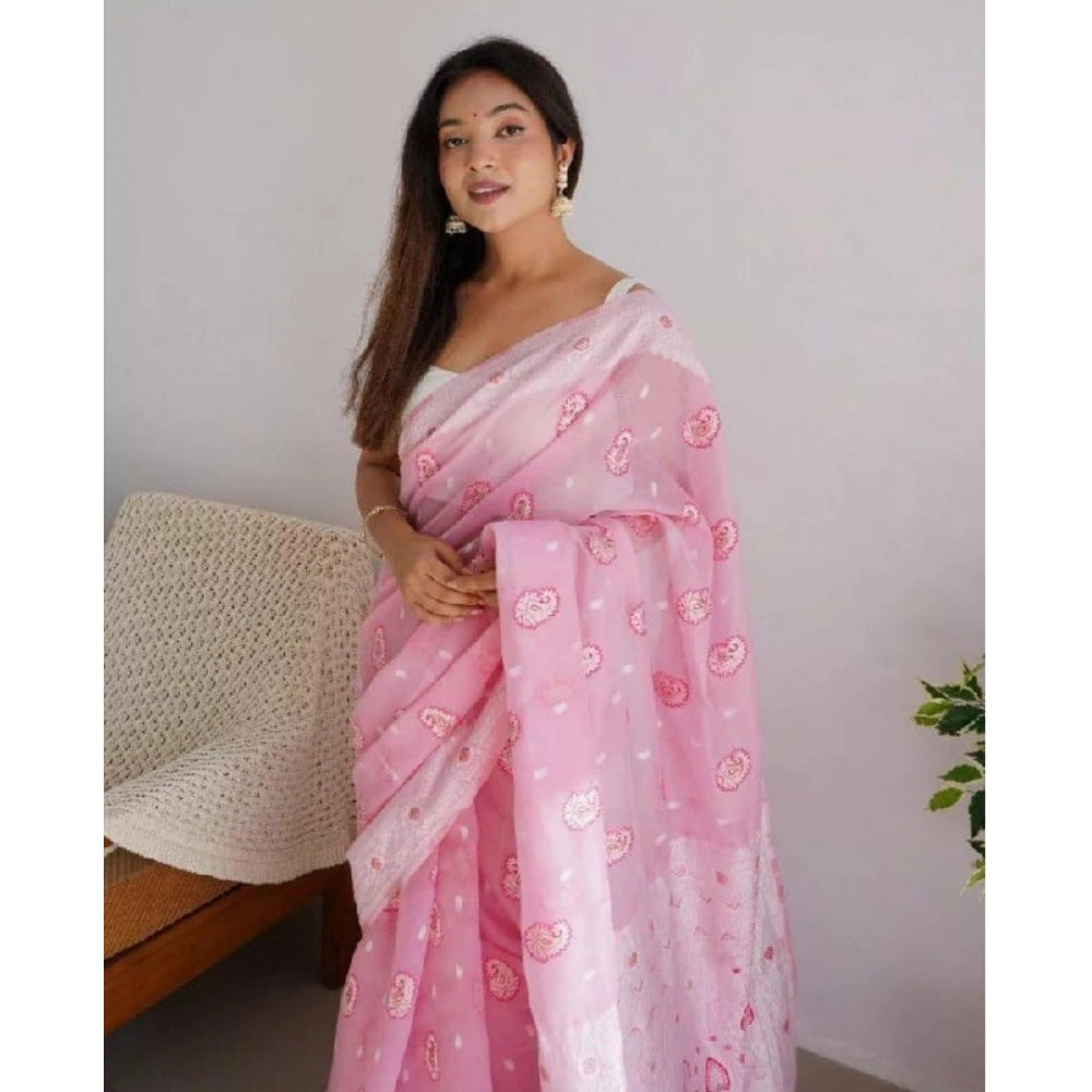 Women Cotton Printed Saree With Unstitched Blouse 5.5Mtr (Pink)