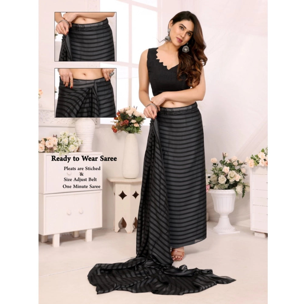 Women Black Berry Striped Ready-to-Wear Saree With Unstitched Blouse 5.5 Mtr (Grey-Black)