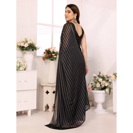 Women Black Berry Striped Ready-to-Wear Saree With Unstitched Blouse 5.5 Mtr (Grey-Black)