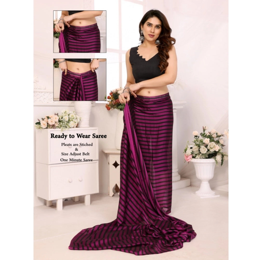 Women Black Berry Striped Ready-to-Wear Saree With Unstitched Blouse 5.5 Mtr (Purple-Black)