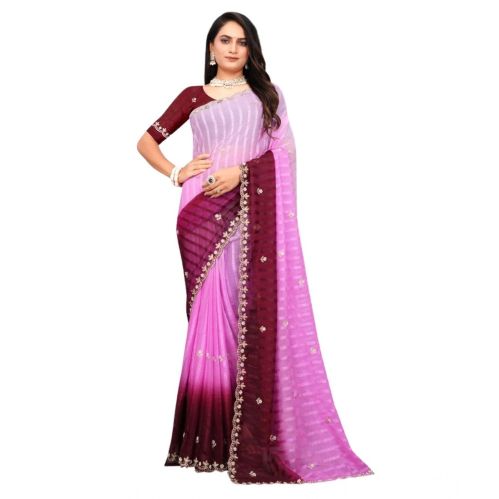 Women Chiffon Embroidred Saree With Unstitched Blouse 5.5Mtr (Pink)