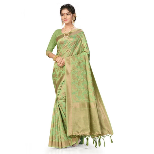 Women Banarasi (Spun Cotton) Saree (Pista Green,5-6 Mtrs)
