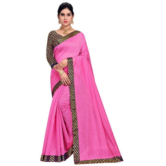 Women Chanderi Cotton Lace Border Saree With Blouse (Pink, 5-6 Mtrs)