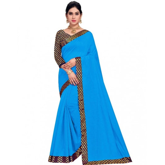 Women Chanderi Cotton Lace Border Saree With Blouse (Sky Blue, 5-6 Mtrs)