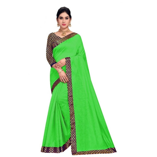 Women Chanderi Cotton Lace Border Saree With Blouse (Green, 5-6 Mtrs)