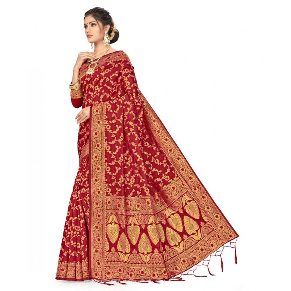 Women Banarasi Silk Saree With Blouse (Maroon, 5-6Mtrs)