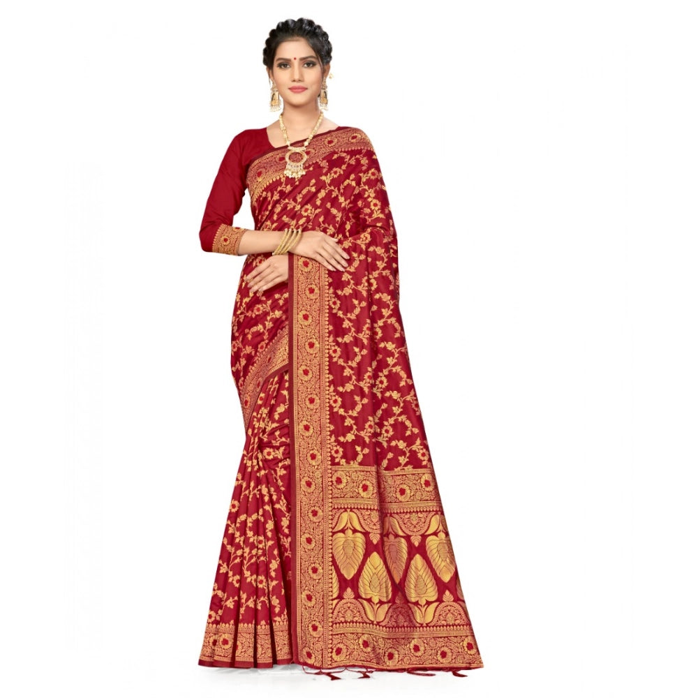 Women Banarasi Silk Saree With Blouse (Maroon, 5-6Mtrs)