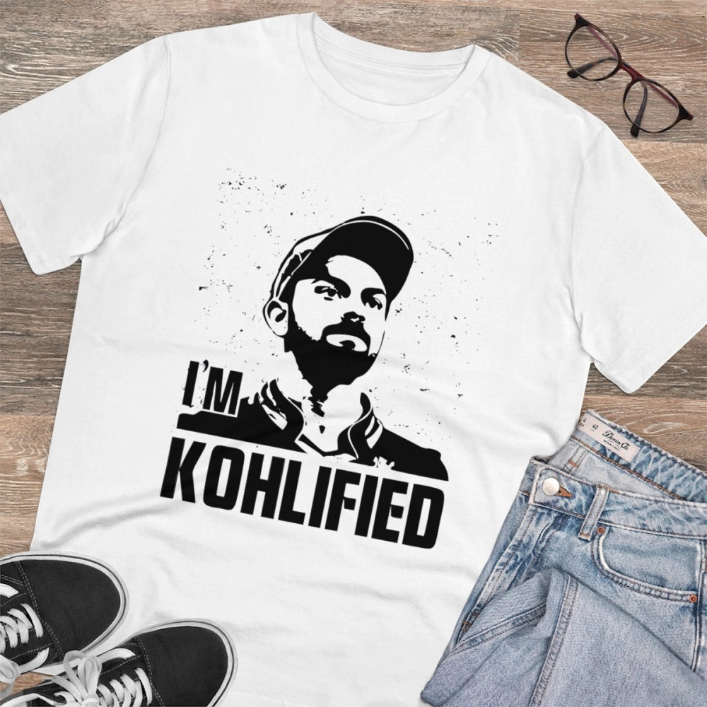 Men's PC Cotton Cricket Design Printed T Shirt (Color: White, Thread Count: 180GSM)