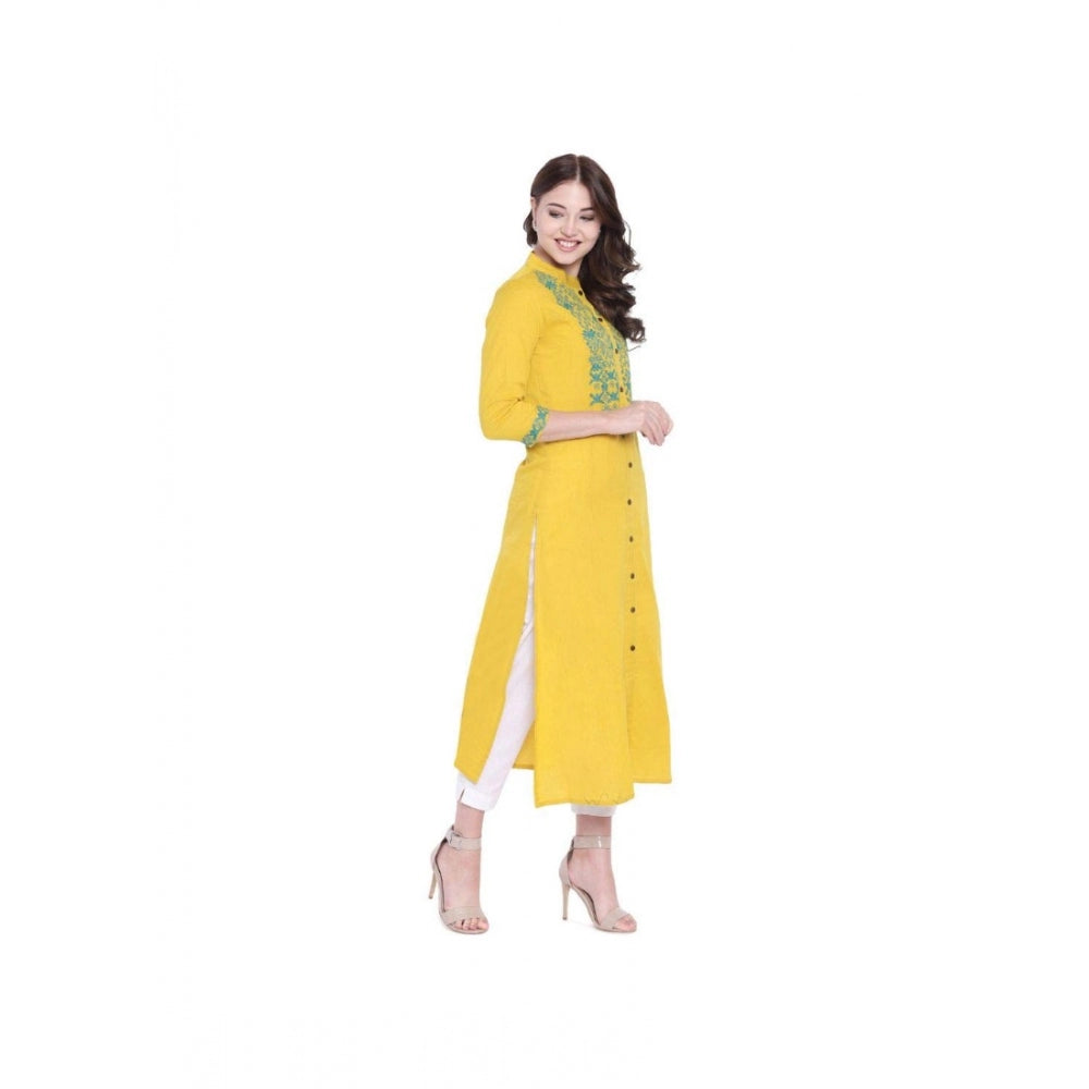 Women Khadi Embroidered Kurti (Yellow, Khadi)