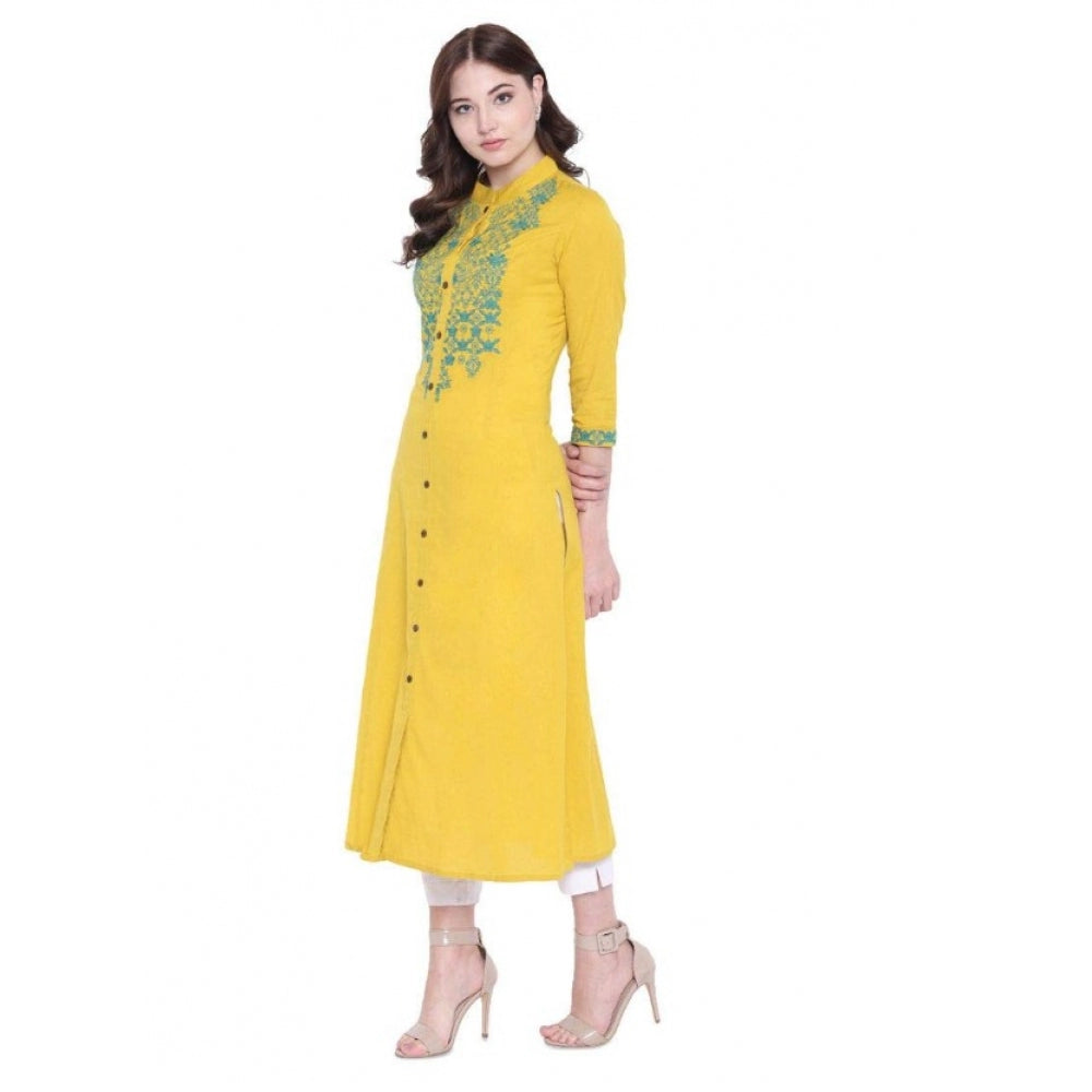 Women Khadi Embroidered Kurti (Yellow, Khadi)