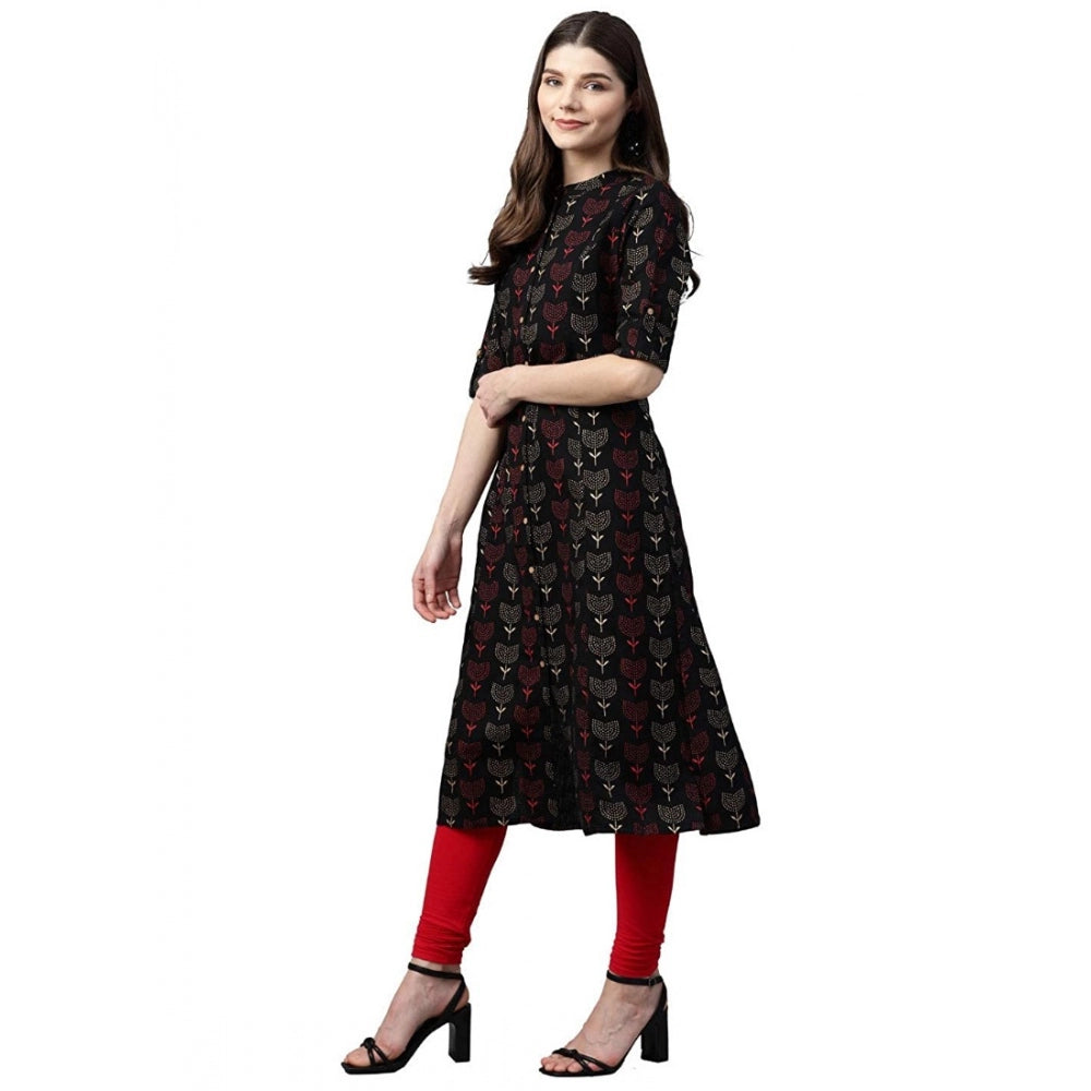 Women Cotton Printed A Line Kurti (Black, Cotton)