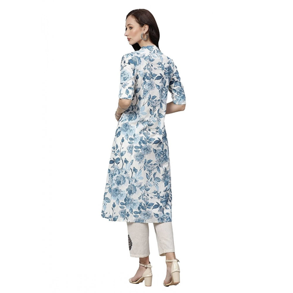 Women Cotton Printed Floral Print Kurti (White, Blue, Cotton)