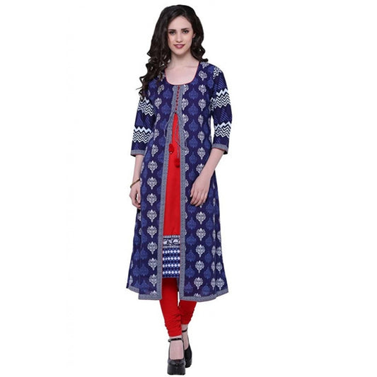 Women Cotton Printed Long Kurti (Blue, Red, Cotton)